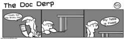 Size: 1280x404 | Tagged: safe, artist:tetrapony, derpy hooves, pegasus, pony, comic:the daily derp, g4, brony documentary, bronydoc, comic, female, mare, monochrome, table, the doc derp