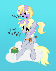 Size: 2087x2678 | Tagged: safe, artist:hushnowquietnow, derpy hooves, dinky hooves, pegasus, pony, g4, cloud, equestria's best mother, female, mare, muffin, musical instrument, saddle bag, singing, ukulele