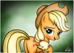 Size: 1300x920 | Tagged: safe, artist:ep-777, applejack, earth pony, pony, g4, bedroom eyes, blushing, butt, female, looking back, mare, plot, solo