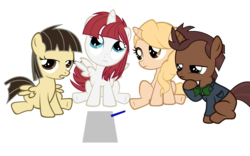 Size: 4800x3000 | Tagged: safe, artist:beavernator, taralicious, wild fire, oc, oc:fausticorn, oc:professor lancie, g4, annoyed, colt, cute, filly, frown, john de lancie, lauren faust, looking up, paper, pencil, ponified, ponysona, professor lancie, sibsy, simple background, sitting, tara strong, transparent background, unamused, wild fire is not amused, younger