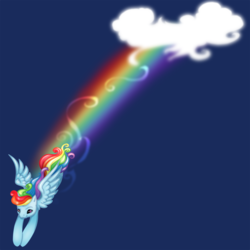 Size: 1350x1350 | Tagged: safe, artist:ladyduskfall, rainbow dash, pegasus, pony, g4, blue background, cloud, female, flying, mare, rainbow trail, simple background, solo, spread wings, wings