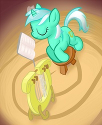 Size: 733x900 | Tagged: safe, artist:javkiller, lyra heartstrings, pony, g4, eyes closed, female, lyre, magic, music, musical instrument, sheet music, smiling, solo, song book, stool
