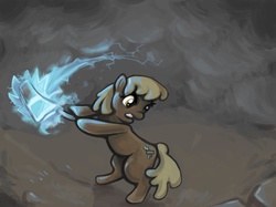 Size: 1890x1417 | Tagged: safe, artist:teh-photocopier, mjölna, earth pony, pony, g4, crossover, hammer, lightning, parody, solo, swing, thor, thunderstorm