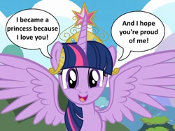 Size: 500x375 | Tagged: safe, artist:pixelkitties, twilight sparkle, alicorn, pony, g4, alicorn drama, exploitable meme, female, heartwarming, love, mare, meme, princess, spread wings, twilight rustler meme, twilight sparkle (alicorn), wings