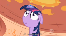 Size: 853x468 | Tagged: safe, screencap, twilight sparkle, bridle gossip, g4, ei, hub logo, twilight flopple, youtube caption