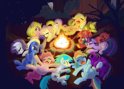 Size: 1280x916 | Tagged: safe, artist:naomiknight17, applejack, fluttershy, pinkie pie, rainbow dash, rarity, twilight sparkle, oc, oc:agua, oc:cryo, oc:gem, oc:pyro, oc:terra, oc:typhoon, g4, campfire, camping, earth, fire, ice, mane six, plasma, sleeping, snoring, water, wind