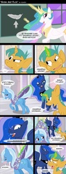 Size: 728x1920 | Tagged: safe, artist:scappo, princess celestia, princess luna, snails, trixie, alicorn, pony, unicorn, g4, blushing, butt, cape, clothes, colt, comic, eyes on the prize, female, harry potter (series), looking at butt, magic, magic abuse, male, mare, oney, plot, wingardium leviosa