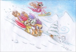 Size: 1808x1226 | Tagged: safe, artist:deathcutlet, apple bloom, pinkie pie, scootaloo, sweetie belle, g4, clothes, cutie mark crusaders, riding, scarf, sled, sledding, snow, snowfall, sunglasses, traditional art