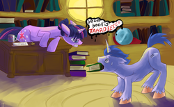 Size: 3900x2400 | Tagged: safe, artist:fauxsquared, twilight sparkle, oc, g4, alternate hairstyle, book, glasses, golden oaks library, librarian, library, mouth hold, mug, sweat, tardy