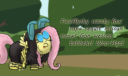 Size: 1024x610 | Tagged: safe, artist:inkiepie, fluttershy, fluffy pony, g4, bunny ears, clothes, dangerous mission outfit, female, fluffyshy, goggles, hoodie, mare, solo