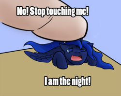 Size: 1116x887 | Tagged: safe, artist:alexander93, princess luna, alicorn, human, pony, g4, chibi, crying, cute, fangs, filly, finger, floppy ears, human on pony petting, i am the night, image macro, open mouth, parody, petting, prone, spread wings, stop touching me, woona