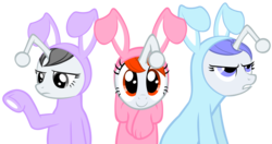 Size: 5000x2635 | Tagged: safe, artist:fabulouspony, oc, oc only, oc:apathia, oc:discentia, oc:karma, pony, unicorn, animal costume, annoyed, bunny costume, clothes, costume, easter, female, happy, holiday, looking at you, mare, reddit, simple background, transparent background, trio, vector