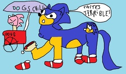 Size: 1076x631 | Tagged: safe, artist:geepukefox, pony, 1000 hours in ms paint, background pony strikes again, barely pony related, chili dog, crossover, male, ponic, ponified, quality, sanic, sonic the hedgehog, sonic the hedgehog (series)