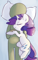Size: 302x476 | Tagged: safe, artist:php27, artist:rustydooks, rarity, oc, oc:anon, human, g4, happy, pillow, snuggling