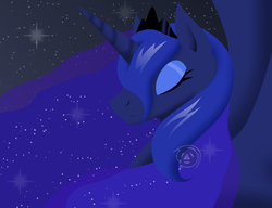 Size: 3320x2552 | Tagged: safe, artist:eternanyx-art, princess luna, pony, g4, bust, eyes closed, female, moon, portrait, solo, stars