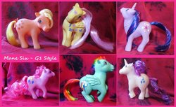 Size: 899x550 | Tagged: safe, artist:acutecat, applejack (g1), fluttershy, pinkie pie, rainbow dash, rarity, twilight sparkle, g1, g4, customized toy, irl, mane six, photo, toy