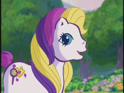 Size: 640x480 | Tagged: safe, screencap, puzzlemint, earth pony, pony, g3, greetings from unicornia, cute, cutie mark, female, mare, multicolored hair, multicolored mane, multicolored tail, outdoors, puzzlebetes, smiling, solo, symbol, tail, talking