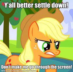 Size: 716x706 | Tagged: safe, applejack, pinkie pie, g4, bronybait, caption, fourth wall, meme