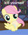 Size: 347x434 | Tagged: safe, fluttershy, pegasus, pony, g4, caption, dissonant caption, female, filly, food, kill yourself, looking at you, muffin, text