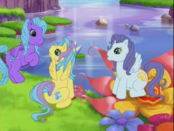 Size: 640x480 | Tagged: safe, screencap, bubble balloon, island delight, scoop smile, cloud pony, pegasus, pony, friends are never far away, g3, background pony, bubbledorable, butterfly island, cute, eye contact, female, flapping, flower, grass, ice cream lover pegasus, island dawwlight, looking at each other, mare, open mouth, rearing, scoopabetes, sitting, smiling, spread wings, sunny scent pony, talking, waterfall, wings