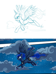 Size: 1200x1600 | Tagged: safe, artist:darkstarchan, princess luna, pony, g4, cloud, cloudy, female, flying, solo, wip