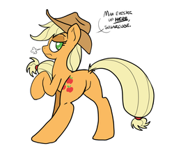 Size: 869x763 | Tagged: safe, artist:reiduran, applejack, earth pony, pony, g4, butt, cowboy hat, dock, featureless crotch, female, hat, looking back, mare, my eyes are up here, plot, raised hoof, simple background, snorting, speech bubble, stetson, white background