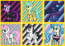 Size: 227x161 | Tagged: safe, artist:moondramon, allie way, mare do well, mercury, starry eyes (g4), sunshower raindrops, twilight sparkle, twinkleshine, earth pony, pegasus, pony, unicorn, g4, future twilight, pixel art, sprite