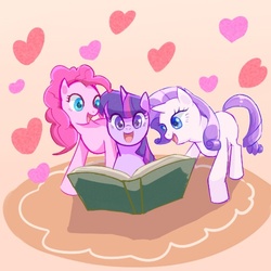 Size: 500x500 | Tagged: safe, artist:nyankamedon, pinkie pie, rarity, twilight sparkle, g4, book, heart, pixiv, reading