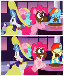 Size: 900x1070 | Tagged: artist needed, safe, edit, edited screencap, screencap, pinkie pie, rainbow dash, rarity, human, g4, my little pony: friendship is magic, sweet and elite, chocolate, clothes, dress, horn, horned humanization, humanized, scene interpretation, screencap reference, skirt