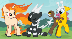 Size: 1300x719 | Tagged: safe, blitzle, girafarig, rapidash, pokémon, ponified