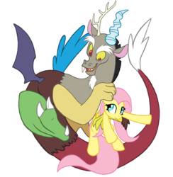 Size: 721x740 | Tagged: safe, artist:pockirabbit, discord, fluttershy, draconequus, pegasus, pony, g4, duo, duo male and female, female, head pat, holding a pony, male, mare, pat, simple background, transparent background