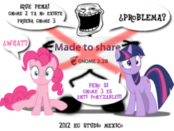 Size: 800x600 | Tagged: safe, pinkie pie, twilight sparkle, g4, linux, spanish, trollface, wat