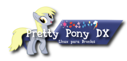 Size: 503x243 | Tagged: safe, derpy hooves, pegasus, pony, g4, female, linux, mare, open mouth, raised hoof, simple background, smiling, solo, text, transparent background