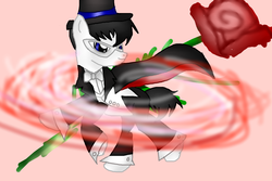 Size: 1200x800 | Tagged: dead source, safe, artist:cooler94961, earth pony, pony, bowtie, cape, chiba mamoru, clothes, flower, hat, male, mask, motion blur, necktie, pink background, ponified, rose, sailor moon (series), simple background, solo, stallion, top hat, turned head, tuxedo, tuxedo mask