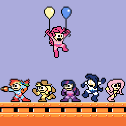 Size: 512x512 | Tagged: safe, artist:scalybeing, applejack, fluttershy, pinkie pie, rainbow dash, rarity, twilight sparkle, human, g4, balloon, capcom, crossover, gif, humanized, mega man (series), nintendo, nintendo entertainment system, non-animated gif, parody, pixel art, then watch her balloons lift her up to the sky, video game