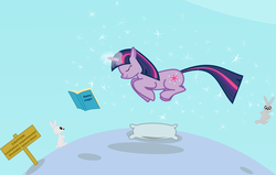 Size: 1009x642 | Tagged: safe, artist:grayma1k, twilight sparkle, pony, rabbit, unicorn, g4, animal, book, eyes closed, levitation, magic, pillow, self-levitation, telekinesis, unicorn twilight, wavy mouth