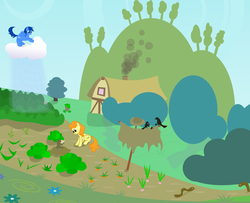 Size: 1821x1479 | Tagged: safe, artist:grayma1k, carrot top, golden harvest, oc, bird, earth pony, gopher, pegasus, pony, worm, g4, carrot, garden, rain