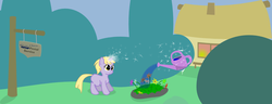 Size: 1122x432 | Tagged: safe, artist:grayma1k, dinky hooves, pony, unicorn, g4, female, filly, flower, garden, magic, mare, solo, watering can