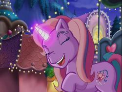 Size: 640x480 | Tagged: safe, screencap, lily lightly, a very pony place, come back lily lightly, g3, cute, glowing, horn, laughing, lily cutely, night, unicornia