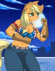 Size: 551x709 | Tagged: safe, artist:desingahv, applejack, anthro, g4, applebucking thighs, belly button, bra, breasts, busty applejack, cleavage, clothes, crossover, dead or alive, female, fighting stance, gloves, midriff, tina armstrong, underwear