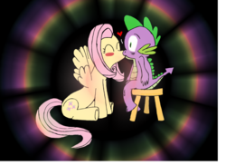 Size: 1280x932 | Tagged: artist needed, safe, fluttershy, spike, g4, blushing, kissing, palindrome get, ship:flutterspike, shipping, stool