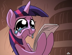 Size: 975x750 | Tagged: safe, artist:docwario, part of a set, twilight sparkle, pony, g4, cropped, crying, female, frown, hoof hold, newspaper, pouting, reading, sad, solo