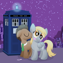 Size: 4443x4443 | Tagged: safe, artist:drawponies, derpy hooves, doctor whooves, time turner, earth pony, pegasus, pony, g4, absurd resolution, blushing, doctor who, female, kissing, male, mare, ship:doctorderpy, shipping, stallion, straight, tardis, the doctor