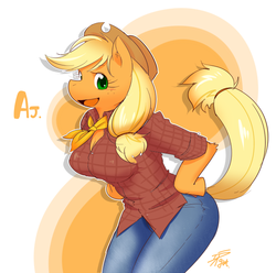 Size: 700x693 | Tagged: safe, artist:gatto, applejack, earth pony, anthro, g4, arm hooves, breasts, clothes, female, hand on hip, jeans, pants, pixiv, shirt, solo