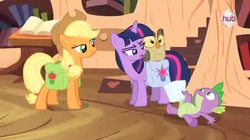 Size: 480x268 | Tagged: safe, screencap, applejack, owlowiscious, spike, twilight sparkle, g4, just for sidekicks, my little pony: friendship is magic