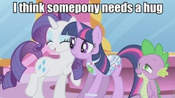 Size: 853x480 | Tagged: safe, rarity, spike, twilight sparkle, g4, gem saddle twilight, image macro