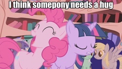 Size: 853x480 | Tagged: safe, derpy hooves, pinkie pie, twilight sparkle, pegasus, pony, g4, female, image macro, mare