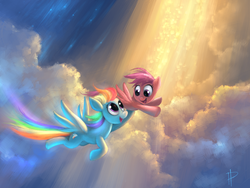 Size: 1000x750 | Tagged: safe, artist:rom-art, rainbow dash, scootaloo, g4, cloud, cloudy, crepuscular rays, cute, eye contact, flying, open mouth, scootalove, sky, smiling