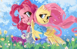 Size: 2547x1644 | Tagged: dead source, safe, artist:my-magic-dream, fluttershy, pinkie pie, g4, clothes, dress, female, lesbian, ship:flutterpie, shipping