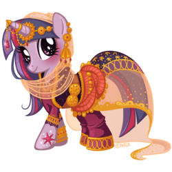 Size: 1004x1004 | Tagged: dead source, safe, artist:frogmakesart, part of a set, twilight sparkle, pony, unicorn, g4, clothes, dress, ear piercing, earring, female, horn, horn ring, india, jewelry, mare, piercing, sari, simple background, solo, transparent background, vector